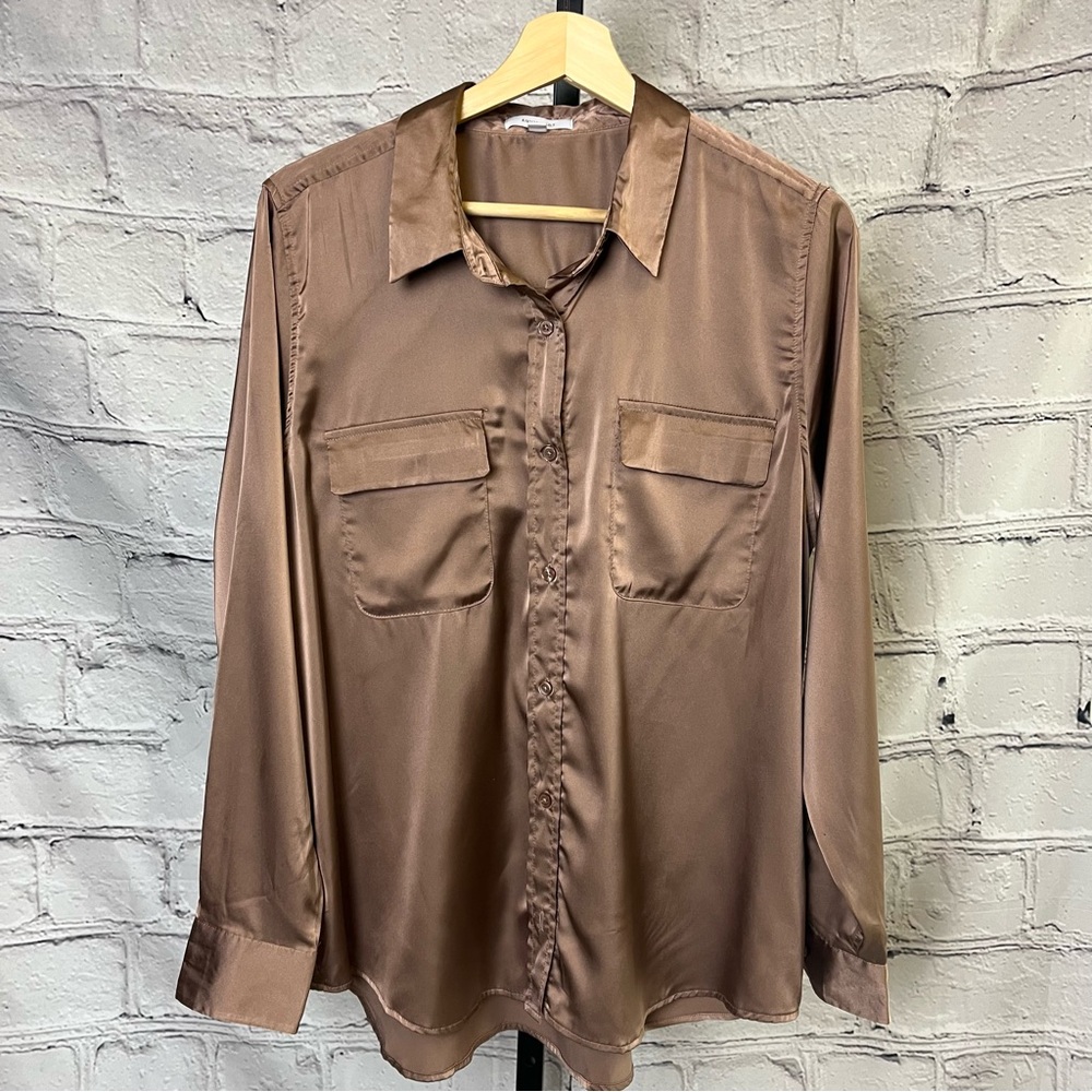 Equipment long sleeve brown silky silk button down collared shirt